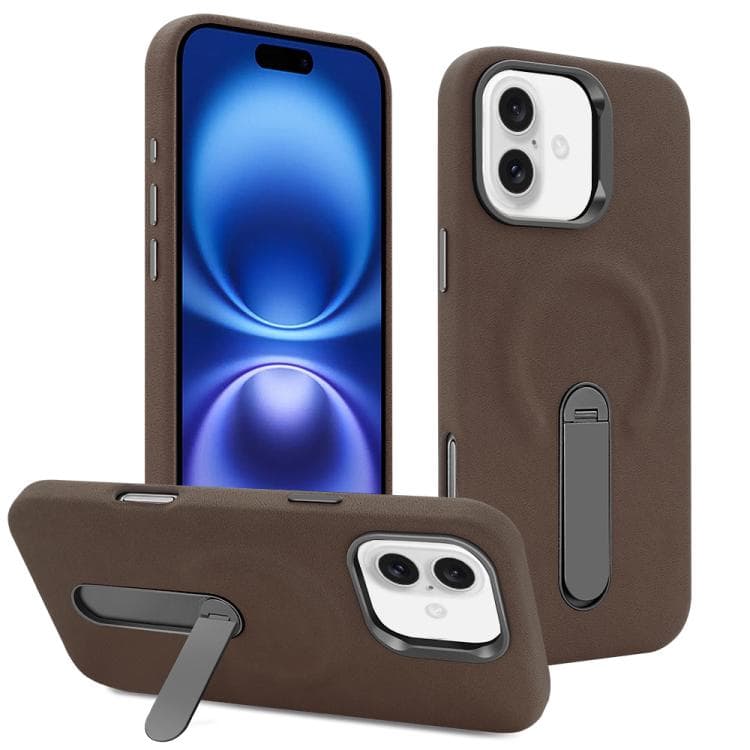 For iPhone 16 VIETAO Suede MagSafe PU Leather Phone Case with Holder(Coffee Brown) - Immagine 1
