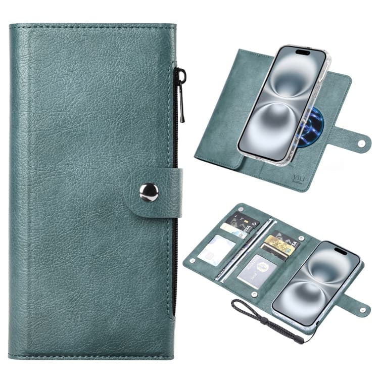 Per iPhone 16 ViLi GVS-C Serie Custodia Flip in Pelle con RFID Magnetico Magsafe (Verde) - Immagine 1