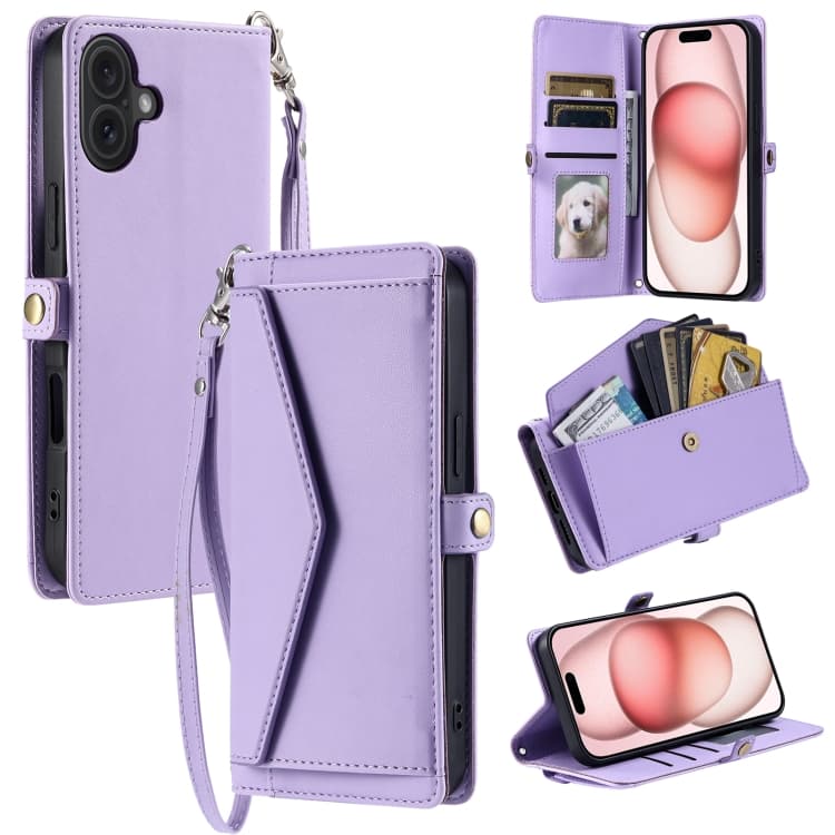 For iPhone 16 Wallet Multi-card Slot Leather Phone Case with Lanyard(Purple) - Immagine 1