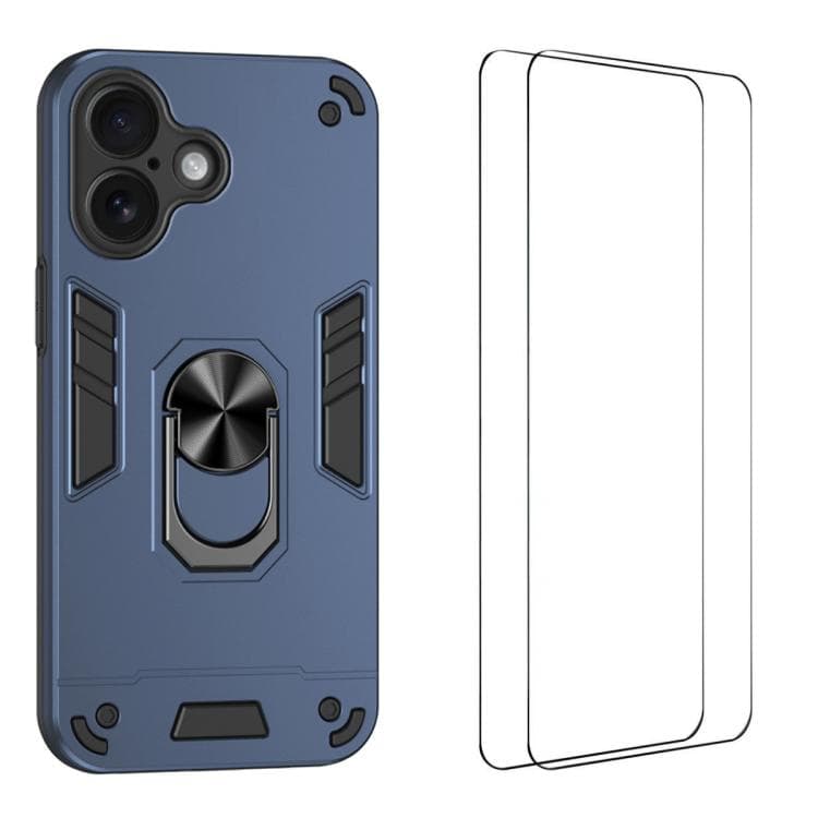 For iPhone 16 WANLONFENG Armor Kickstand Shockproof Phone Case with 2pcs Screen Films(Blue) - Immagine 1