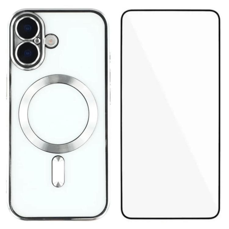 For iPhone 16 WANLONFENG CD Magnetic Electroplated TPU Phone Case with Screen Protector(Silver) - Immagine 1