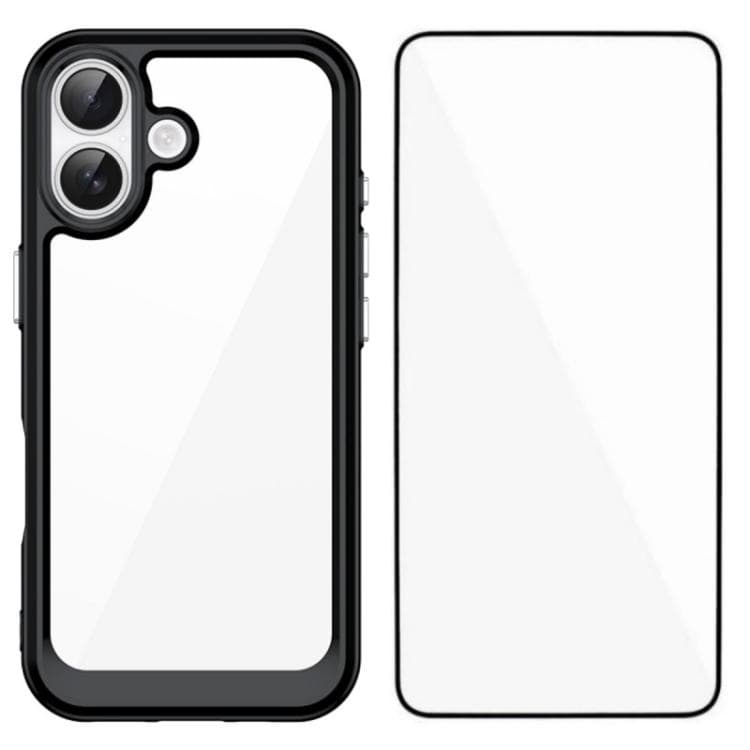 For iPhone 16 WANLONFENG Electroplated Buttons TPU Acrylic Phone Case with Screen Protector(Black) - Immagine 1