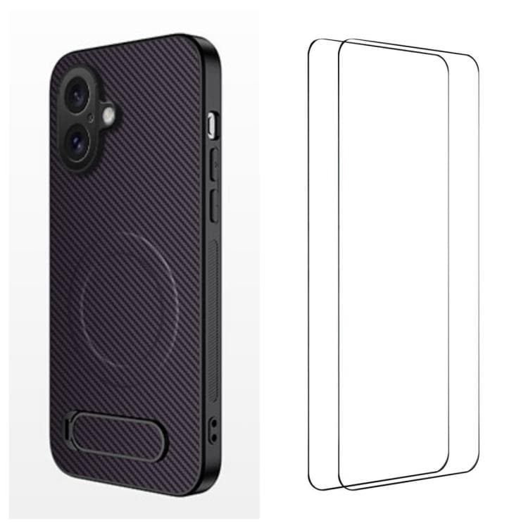 For iPhone 16 WANLONFENG Kickstand Carbon Fiber Texture Magnetic Phone Case with 2pcs Screen Films(Purple) - Immagine 1