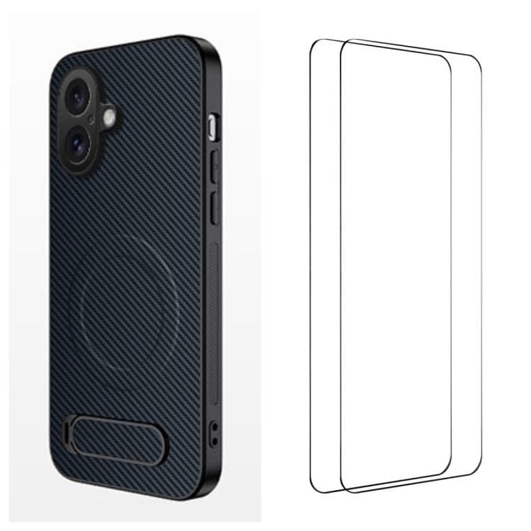 For iPhone 16 WANLONFENG Kickstand Carbon Fiber Texture Magnetic Phone Case with 2pcs Screen Films(Sapphire Blue) - Immagine 1
