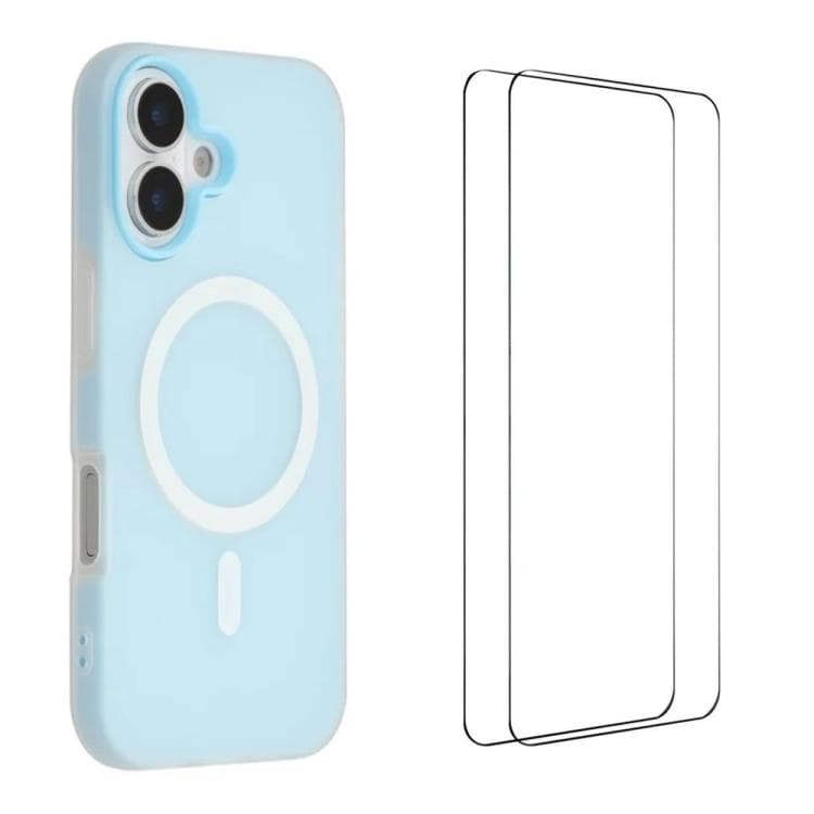 For iPhone 16 WANLONFENG Macarons Matte Magnetic Phone Case with 2pcs Screen Films(Blue) - Immagine 1