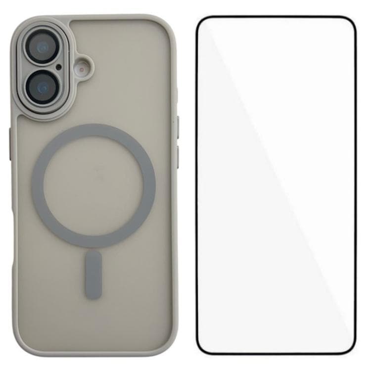 For iPhone 16 WANLONFENG Skin-feel Magnetic PC Hybrid TPU Phone Case with Screen Protector(Grey) - Immagine 1