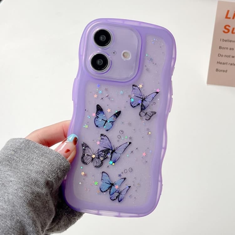 For iPhone 16 Wave Edge Butterfly TPU Hybrid PC Phone Case(Purple) - Immagine 1