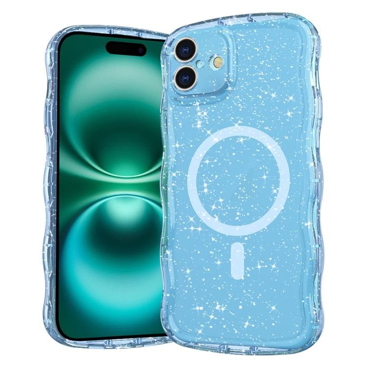For iPhone 16 Wave Glitter MagSafe Magnetic TPU Phone Case(Transparent Blue) - Immagine 1