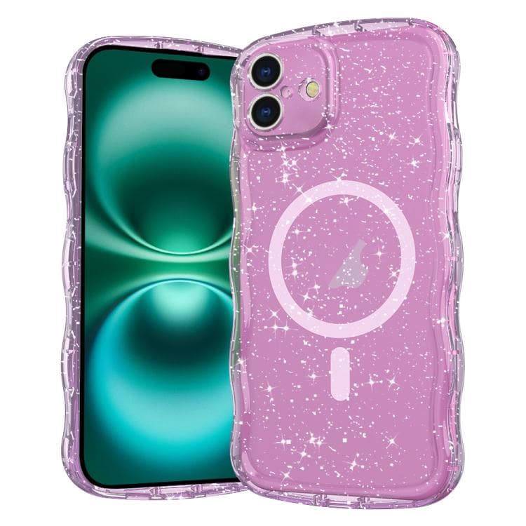 For iPhone 16 Wave Glitter MagSafe Magnetic TPU Phone Case(Transparent Pink) - Immagine 1