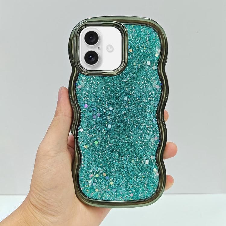 For iPhone 16 Wave Glitter Sequined Electroplated Phone Case(Green) - Immagine 1