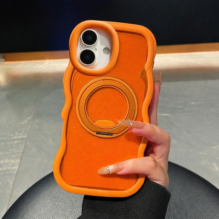 For iPhone 16 Wavy Edge Translucent Glitter Rotating Bracket Magnetic Phone Case(Orange) - Immagine 1
