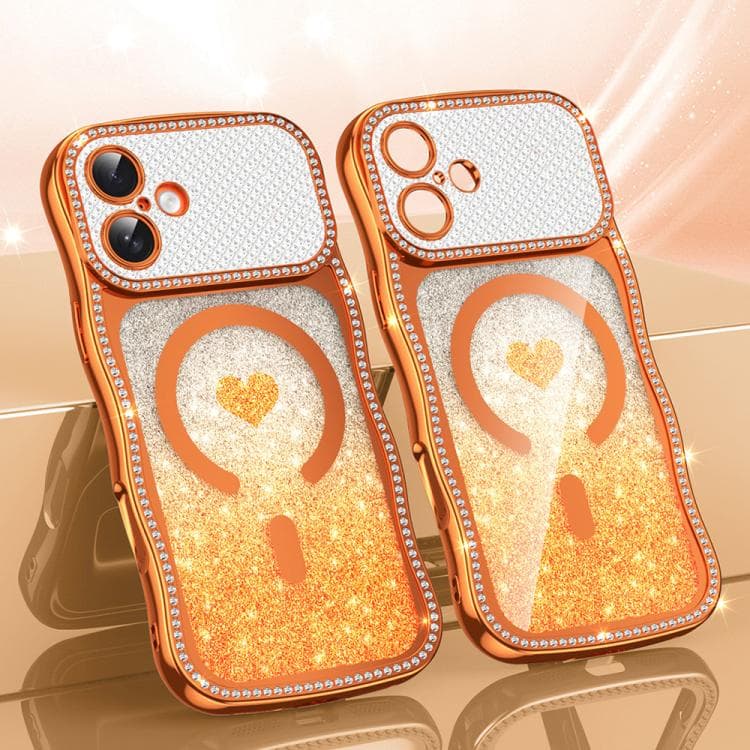 For iPhone 16 Wavy Frame Star Diamond Electroplate TPU Glitter Heart Magnetic Phone Case(Gradient Orange) - Immagine 1