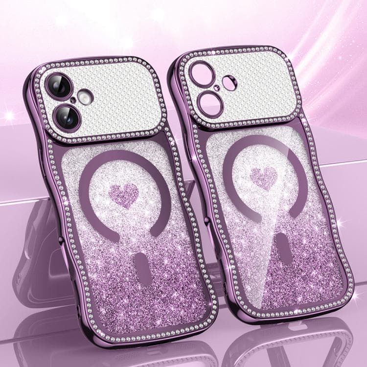 For iPhone 16 Wavy Frame Star Diamond Electroplate TPU Glitter Heart Magnetic Phone Case(Gradient Purple) - Immagine 1