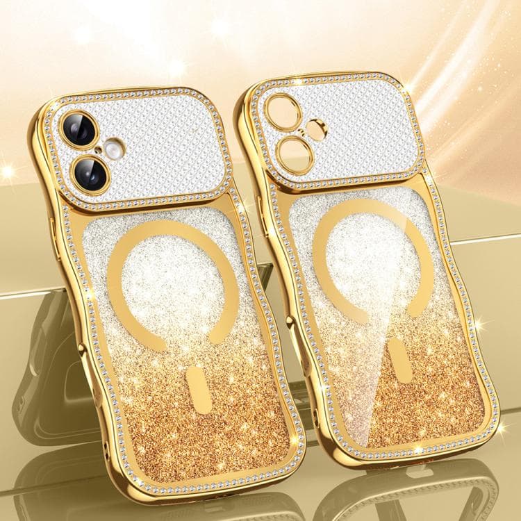 For iPhone 16 Wavy Frame Star Diamond Electroplate TPU Glitter Magnetic Phone Case(Gradient Gold) - Immagine 1