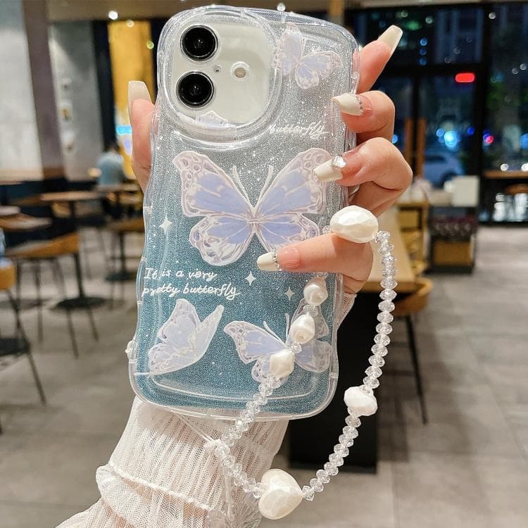 Custodia in TPU per iPhone 16 con glitter a farfalla e catenella (Blu) - Immagine 1