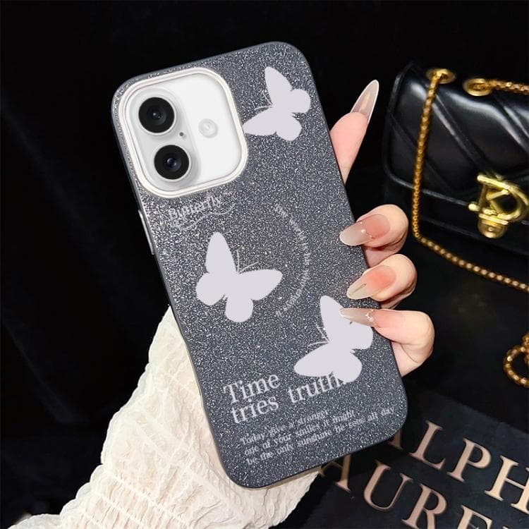 For iPhone 16 White Butterflies Pattern IMD Glitter PC Hybrid TPU Phone Case(Black) - Immagine 1