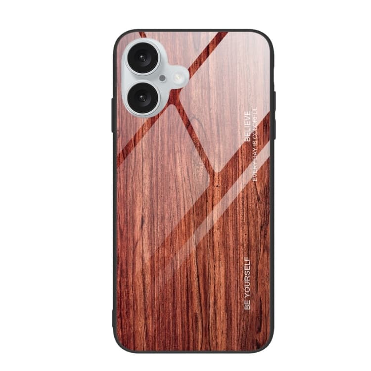 For iPhone 16 Wood Grain Glass Phone Case(Coffee) - Immagine 1