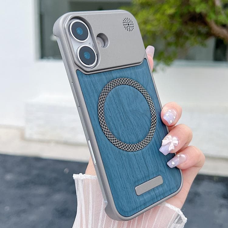 For iPhone 16 Wood Grain Magnetic PC Shockproof Phone Case(Denim Blue) - Immagine 1