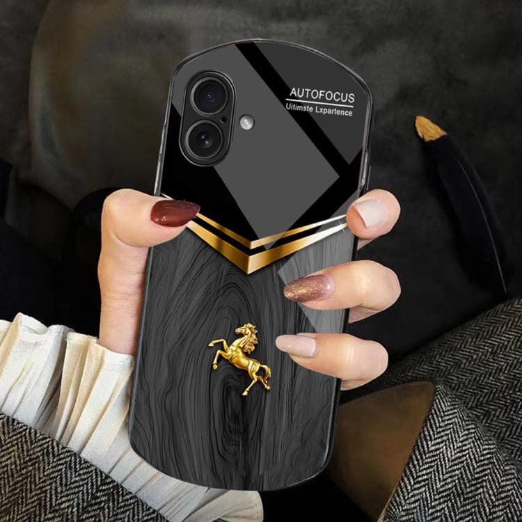 For iPhone 16 Wood Texture Golden Horse Pattern TPU + PC + Tempered Glass Phone Case(Black) - Immagine 1