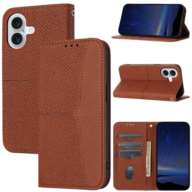 For iPhone 16 Woven Texture Stitching Magnetic Leather Phone Case(Brown) - Immagine 1