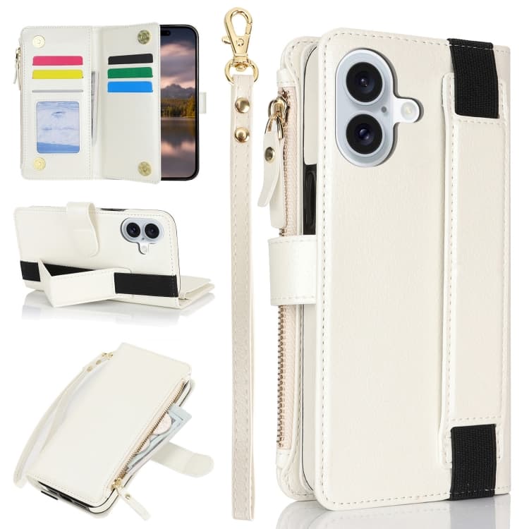 For iPhone 16 Wristband Holder Zipper Purse RFID Leather Phone Case(White) - Immagine 1