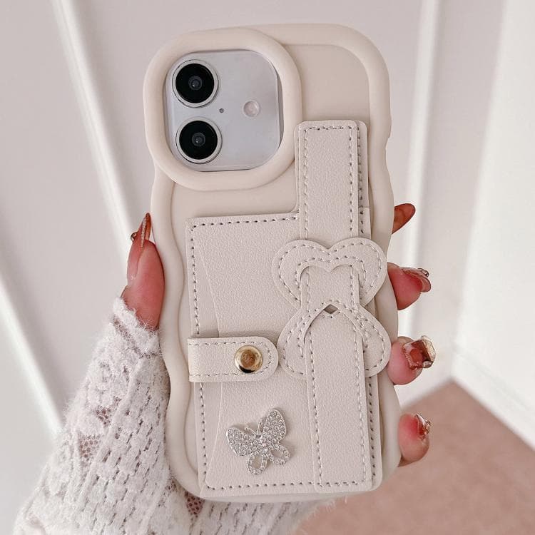 For iPhone 16 Wristband Leather Love Holder Card Bag Phone Case(White) - Immagine 1