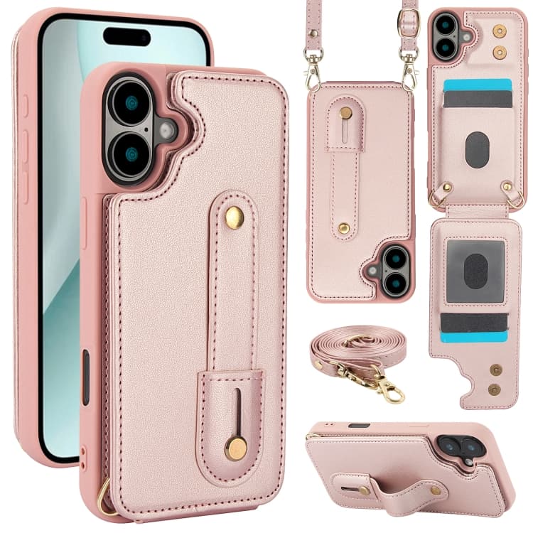 For iPhone 16 Wristband Vertical Flip Wallet Back Cover Phone Case with Long Lanyard(Rose Gold) - Immagine 1