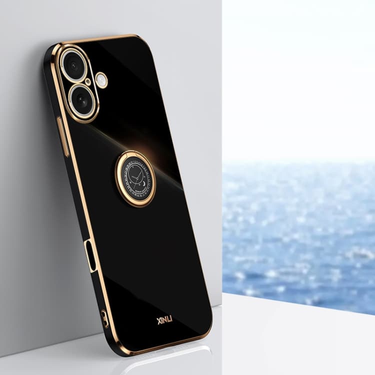 For iPhone 16 XINLI Straight Edge 6D Electroplate TPU Phone Case with Ring Holder(Black) - Immagine 1