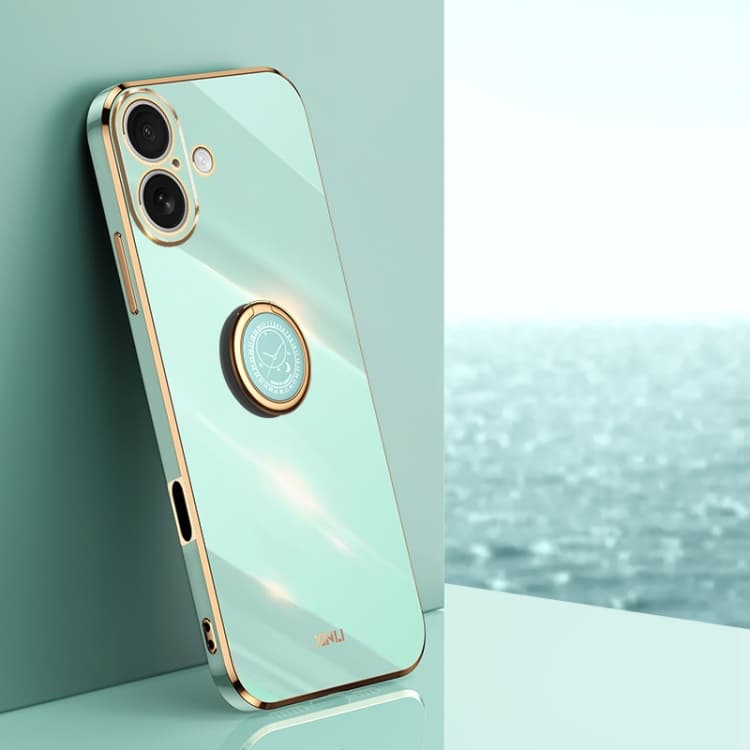 For iPhone 16 XINLI Straight Edge 6D Electroplate TPU Phone Case with Ring Holder(Mint Green) - Immagine 1