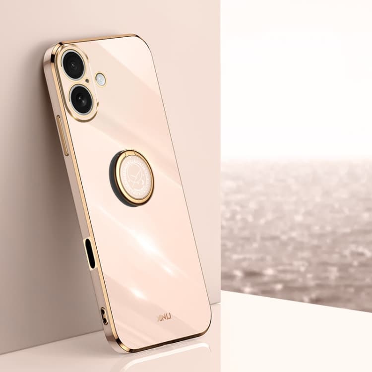 For iPhone 16 XINLI Straight Edge 6D Electroplate TPU Phone Case with Ring Holder(Pink) - Immagine 1