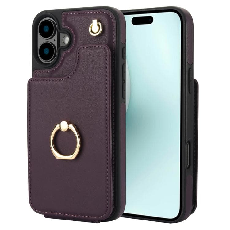 For iPhone 16 YM005 Skin Feel Card Bag Phone Case with Long Lanyard(Dark Purple) - Immagine 1