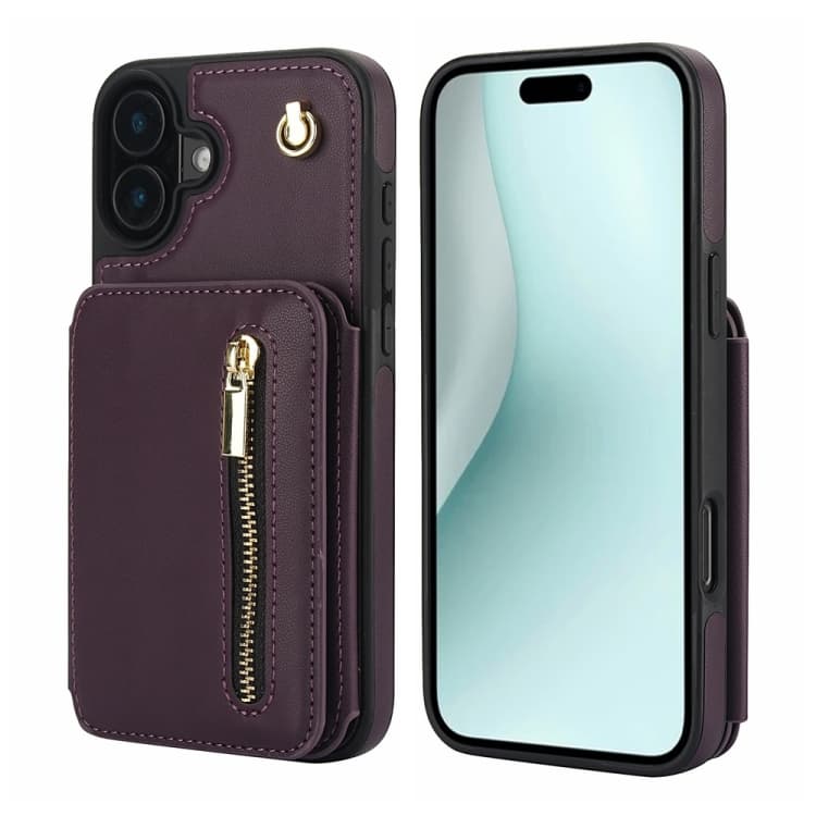 For iPhone 16 YM006 Skin Feel Zipper Card Bag Phone Case with Dual Lanyard(Dark Purple) - Immagine 1