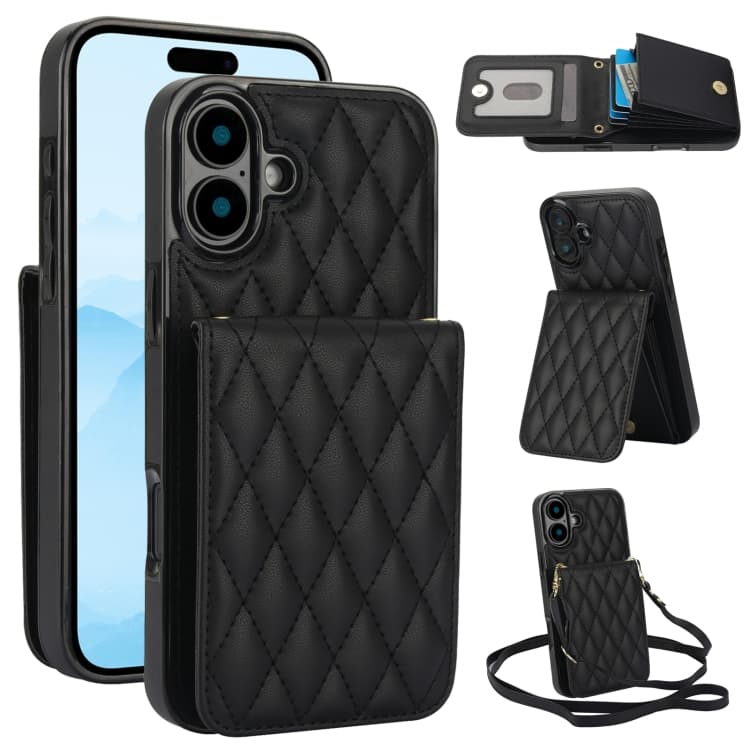 For iPhone 16 YM015 Crossbody Rhombic Card Bag RFID Phone Case(Black) - Immagine 1