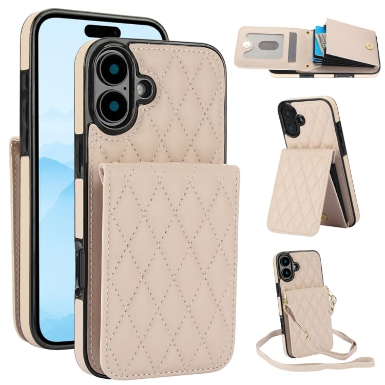 For iPhone 16 YM015 Crossbody Rhombic Card Bag RFID Phone Case(White) - Immagine 1