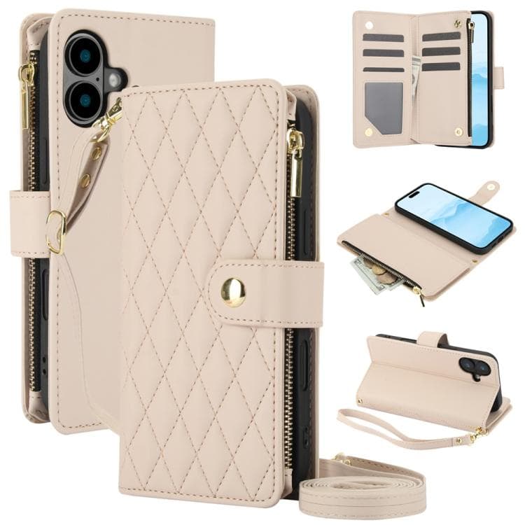 For iPhone 16 YM016 Rhombic Zipper Card Wallet Leather Phone Case with Lanyard(Apricot) - Immagine 1