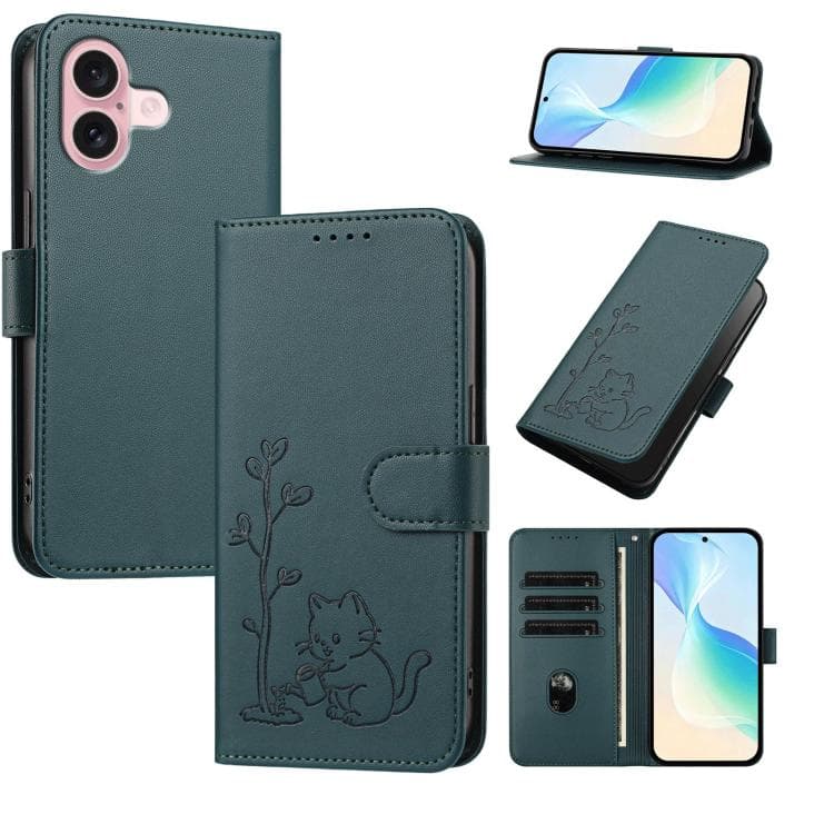 For iPhone 16 YX0014 Cat Watering Tree Buckle Vegan Leather Phone Case with Lanyard(Dark Green) - Immagine 1