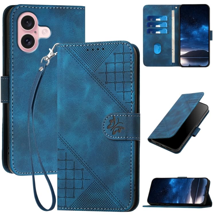 For iPhone 16 YX0080 Grid Butterfly Embossed Pattern Flip Leather Phone Case with Lanyard(Dark Blue) - Immagine 1
