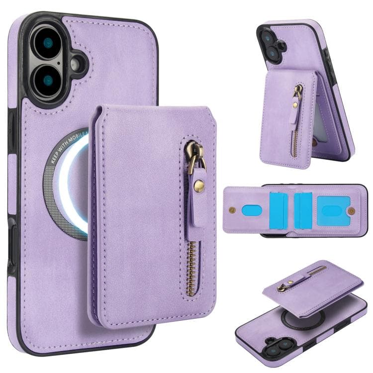 For iPhone 16 Zipper Wallet Split MagSafe Leather Back Phone Case(Purple) - Immagine 1