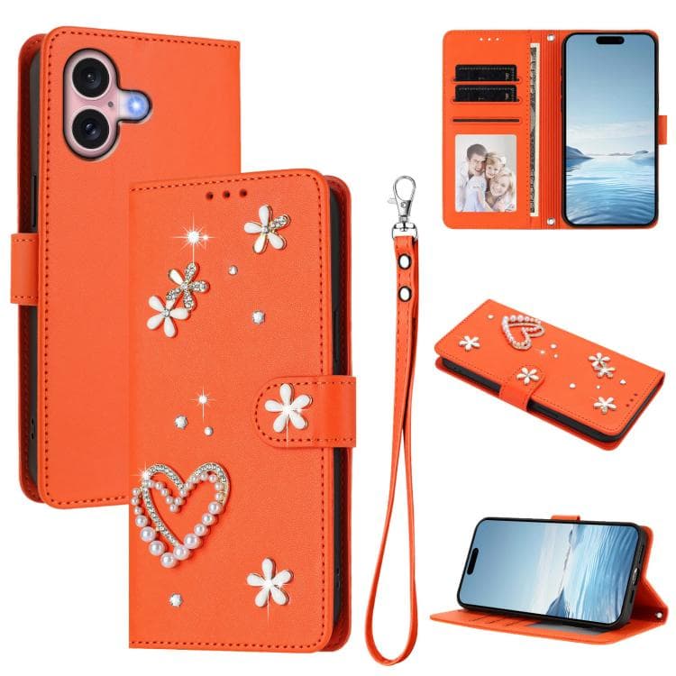 For iPhone 16 ZS01 Double-Layer Heart Floral Vegan Leather Phone Case with Wrist Strap(Orange) - Immagine 1