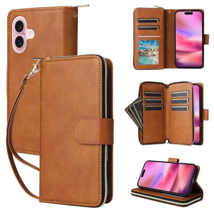 For iPhone 17 9 Card Slots Zipper Wallet Bag Leather Phone Case(Brown) - Immagine 1