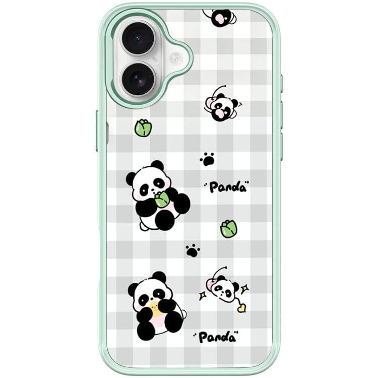 For iPhone 17 Adorable Grid Panda Pattern Magnetic Phone Case(Light Green)