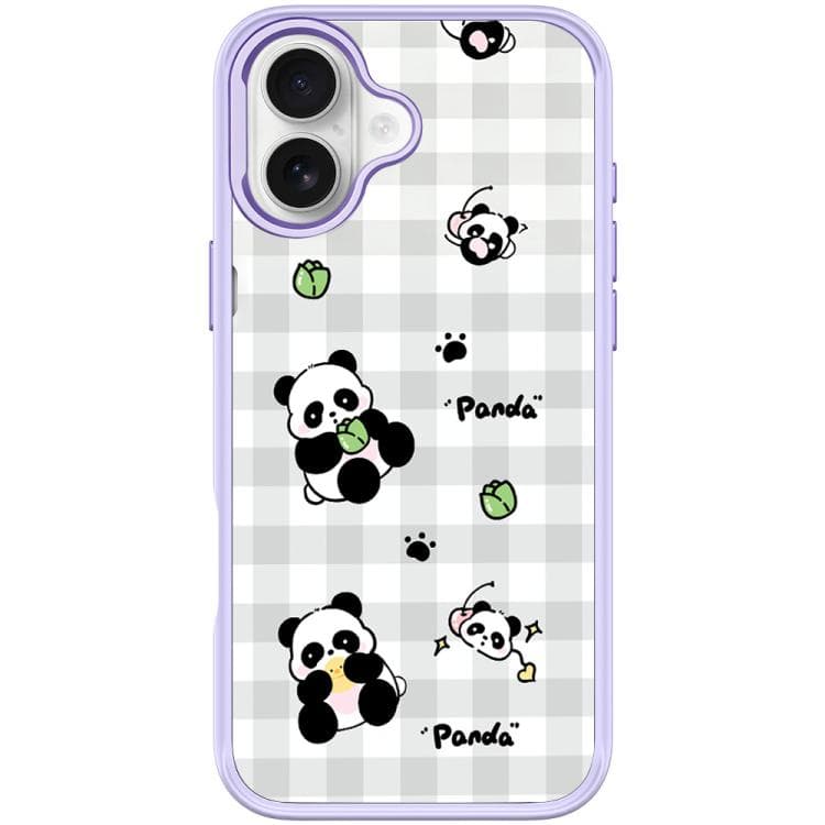For iPhone 17 Adorable Grid Panda Pattern Magnetic Phone Case(Light Purple)