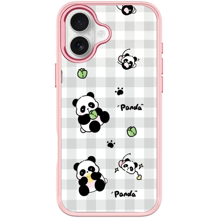 For iPhone 17 Adorable Grid Panda Pattern Magnetic Phone Case(Pink)