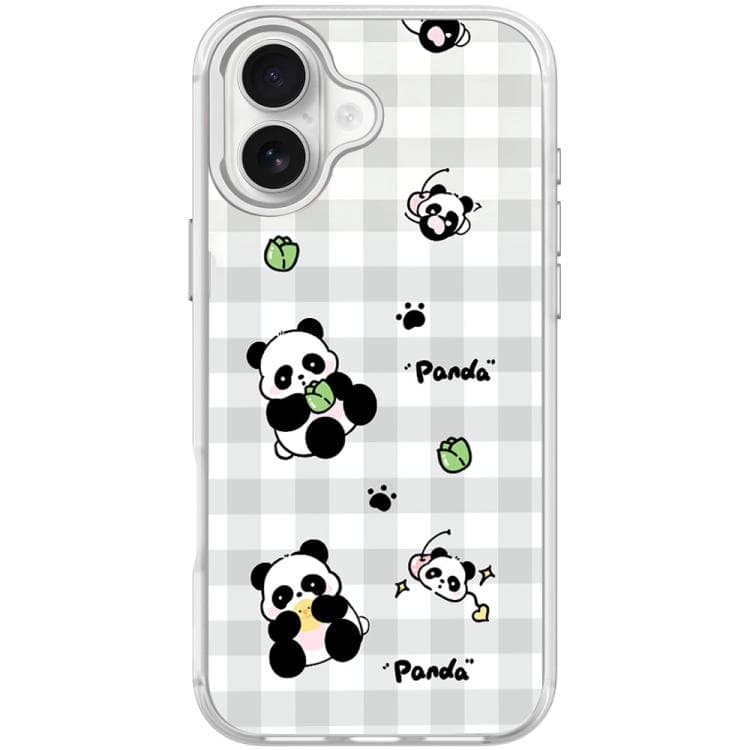 For iPhone 17 Adorable Grid Panda Pattern Magnetic Phone Case(Transparent White)