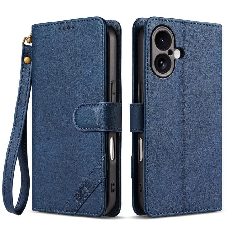 For iPhone 17 AZNS A2 Series Tri-Card Wallet RFID Vegan Leather Phone Case with Strap(Blue) - Immagine 1