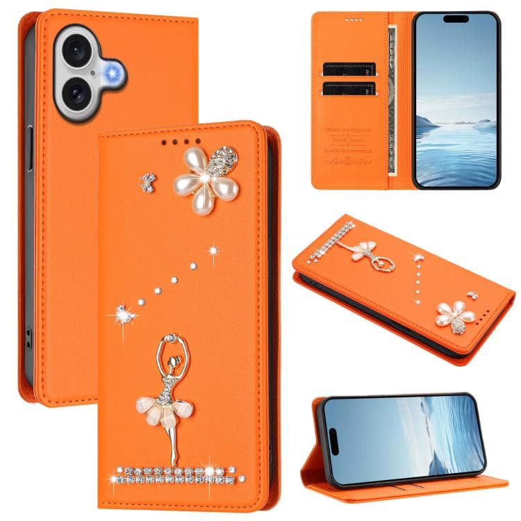 For iPhone 17 Ballet Girl Diamond Studded RFID Vegan Leather Phone Case(Orange) - Immagine 1