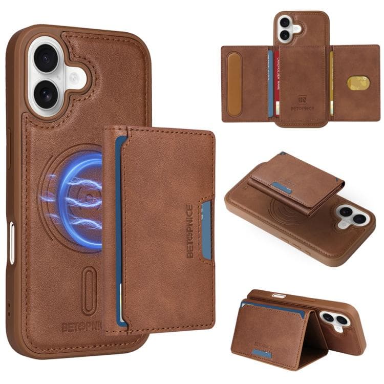For iPhone 17 BETOPNICE Horizontal Flip Detachable MagSafe Wallet Phone Case(Brown) - Immagine 1