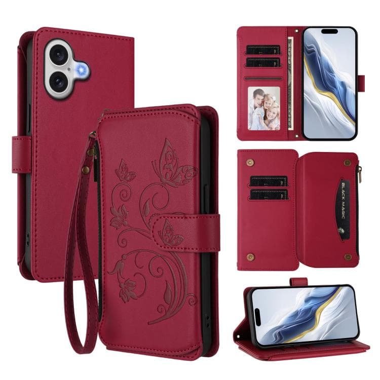 For iPhone 17 Butterfly Love Flower Multi-card Zipper Wallet Leather Phone Case(Wine Red) - Immagine 1