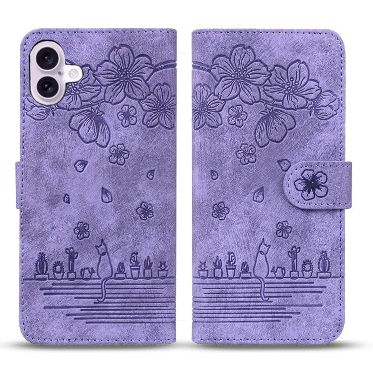 For iPhone 17 Cartoon Sakura Cat Embossed Leather Phone Case(Purple) - Immagine 1