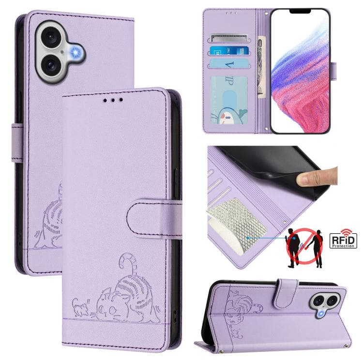 For iPhone 17 Cat Rat Embossed Pattern RFID Leather Phone Case with Lanyard(Purple) - Immagine 1